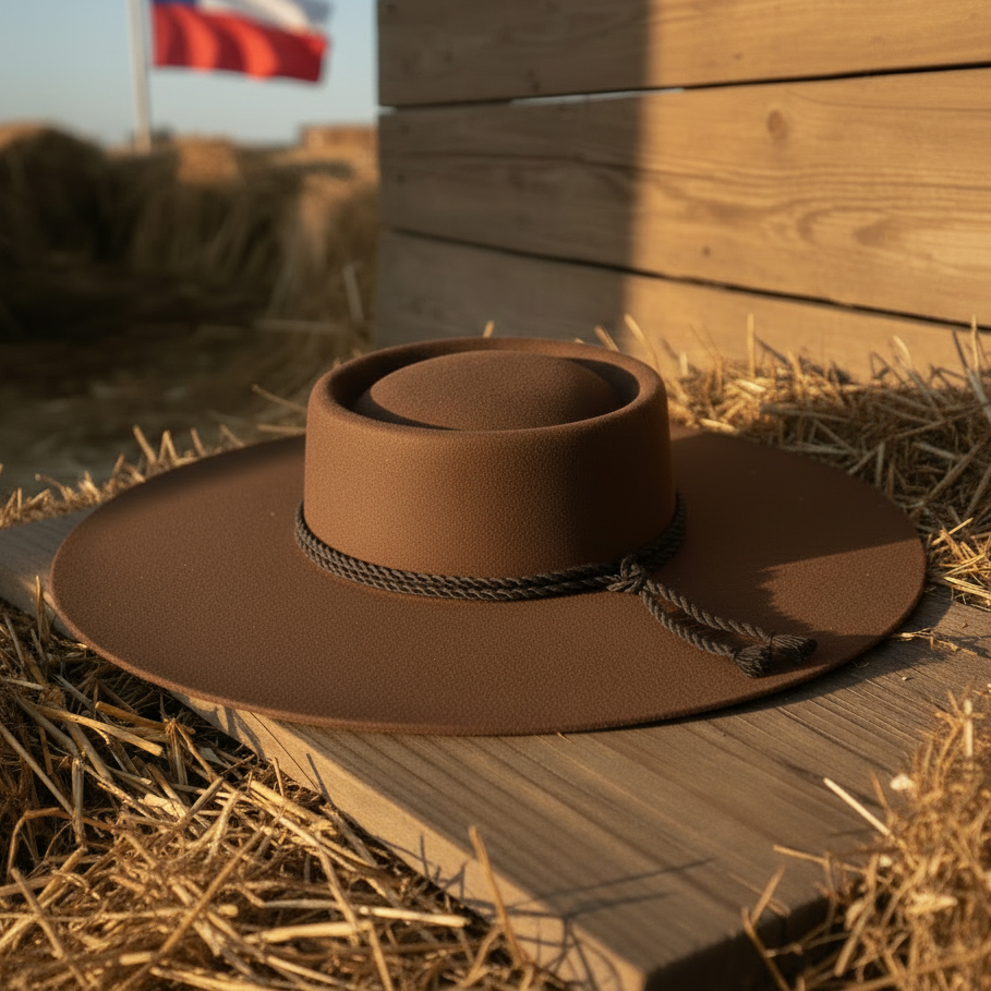 Sombrero café con ala reducida y fondo con bandera chilena