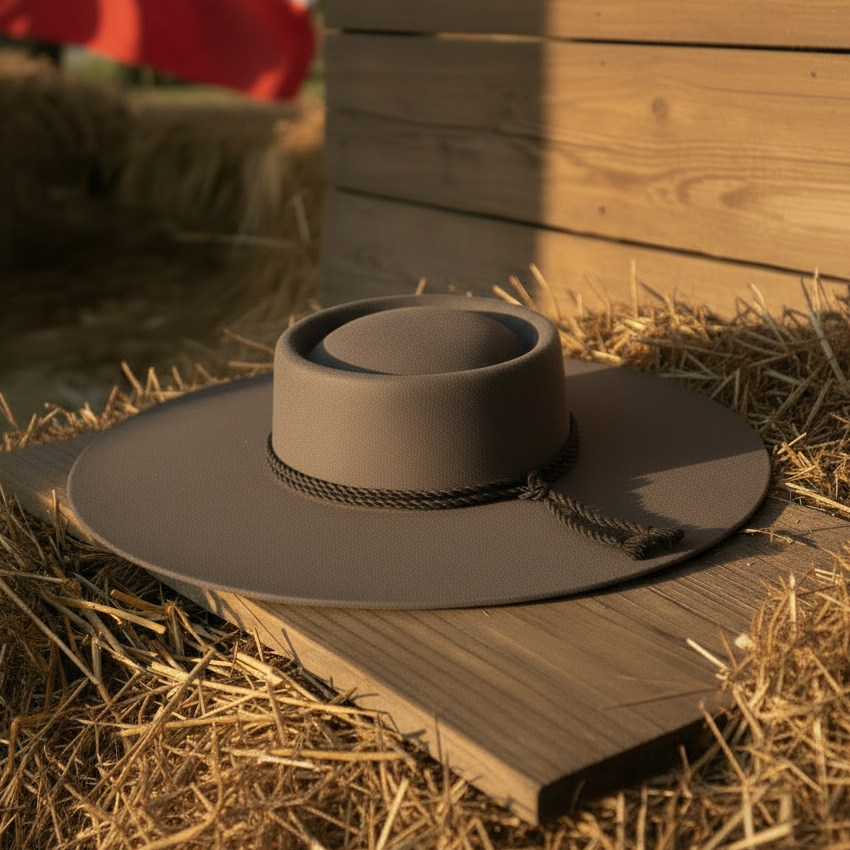 Sombrero gris topo con ala reducida y fondo anterior