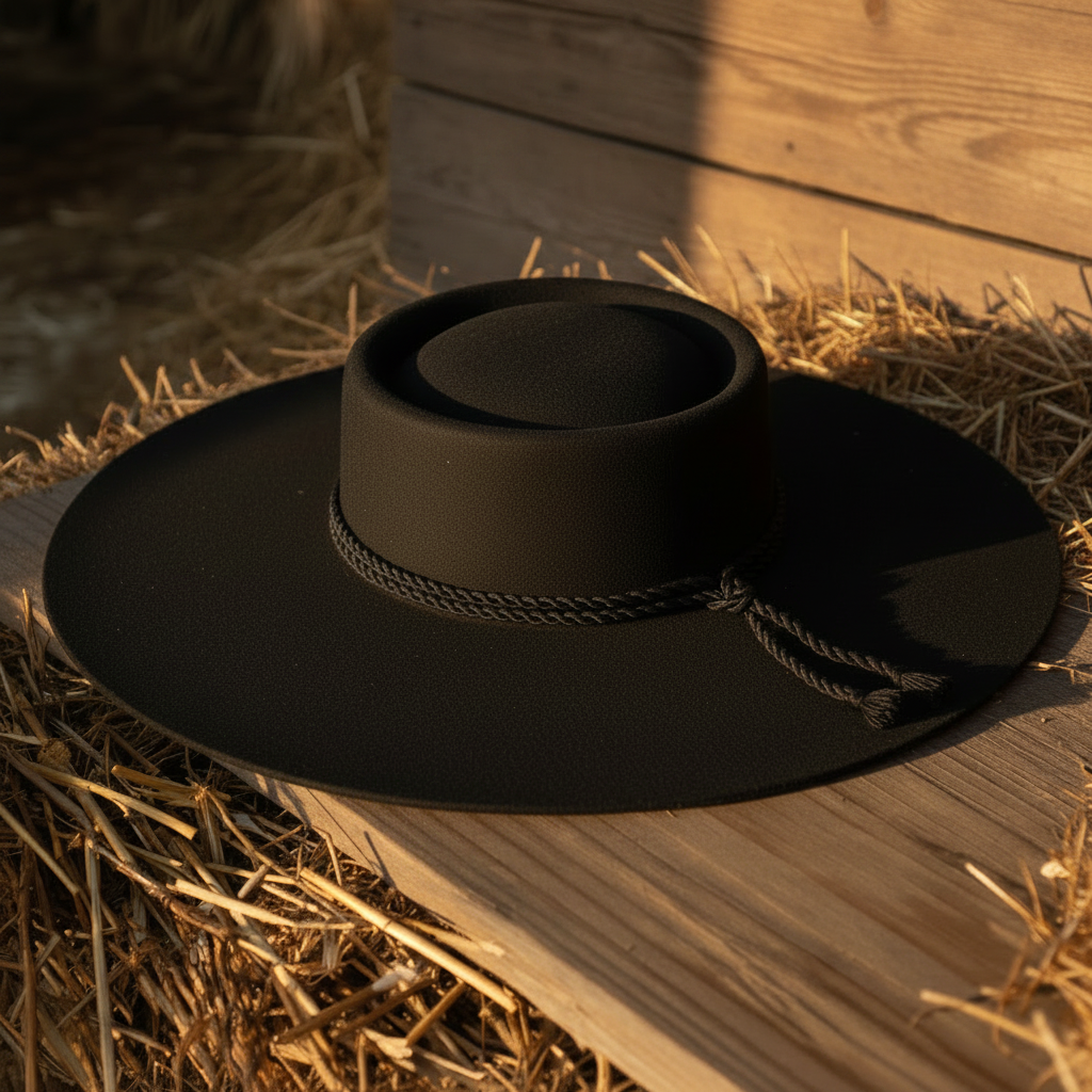 Sombrero negro sobre madera y paja sin elementos extra