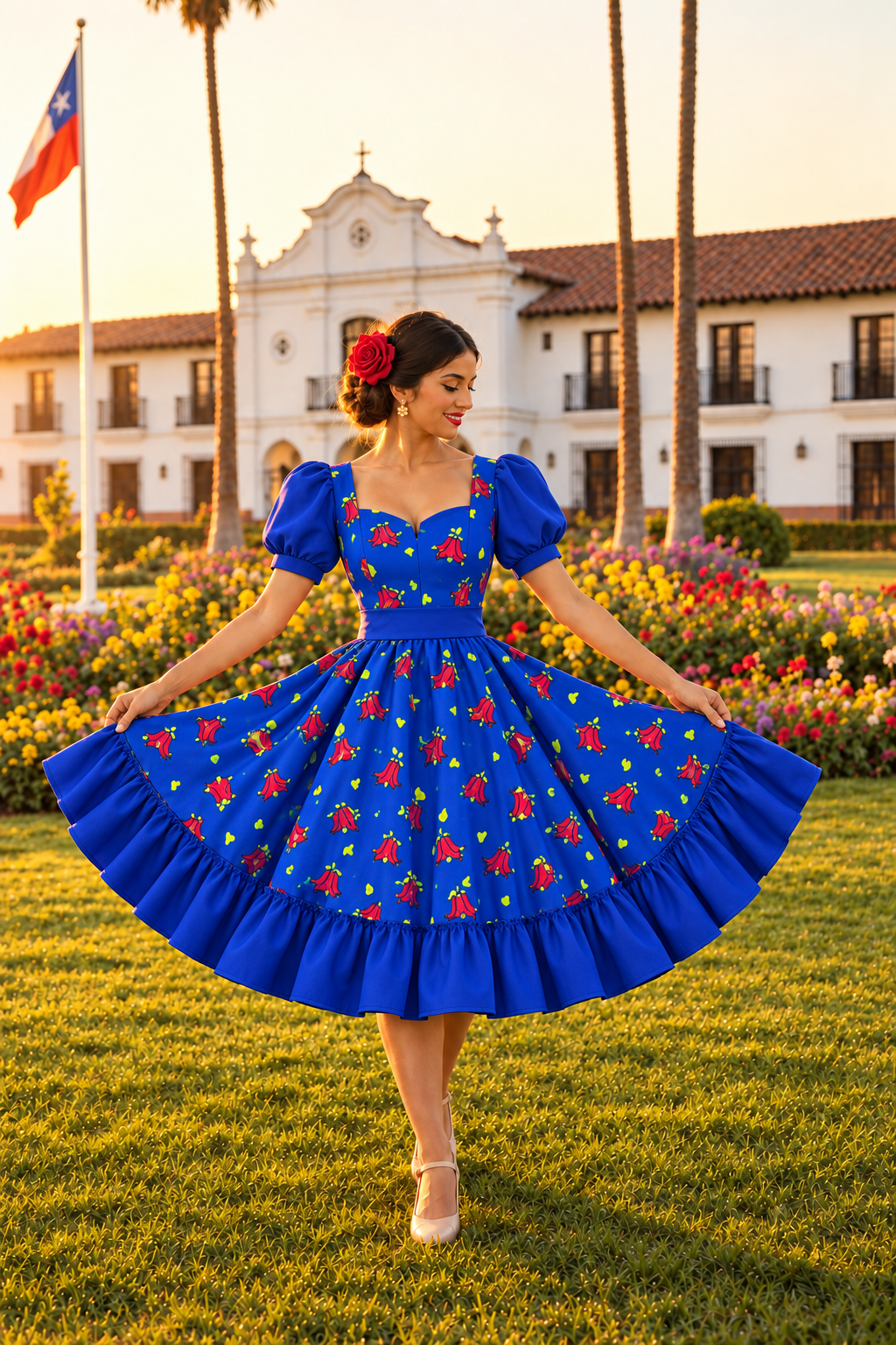 Vestido Azul Copihue con Hojas Amarillas