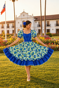 Vestido azul editado con la flor del cabello a juego