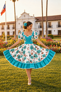 Vestido con el pecho turquesa liso y flores en los laterales