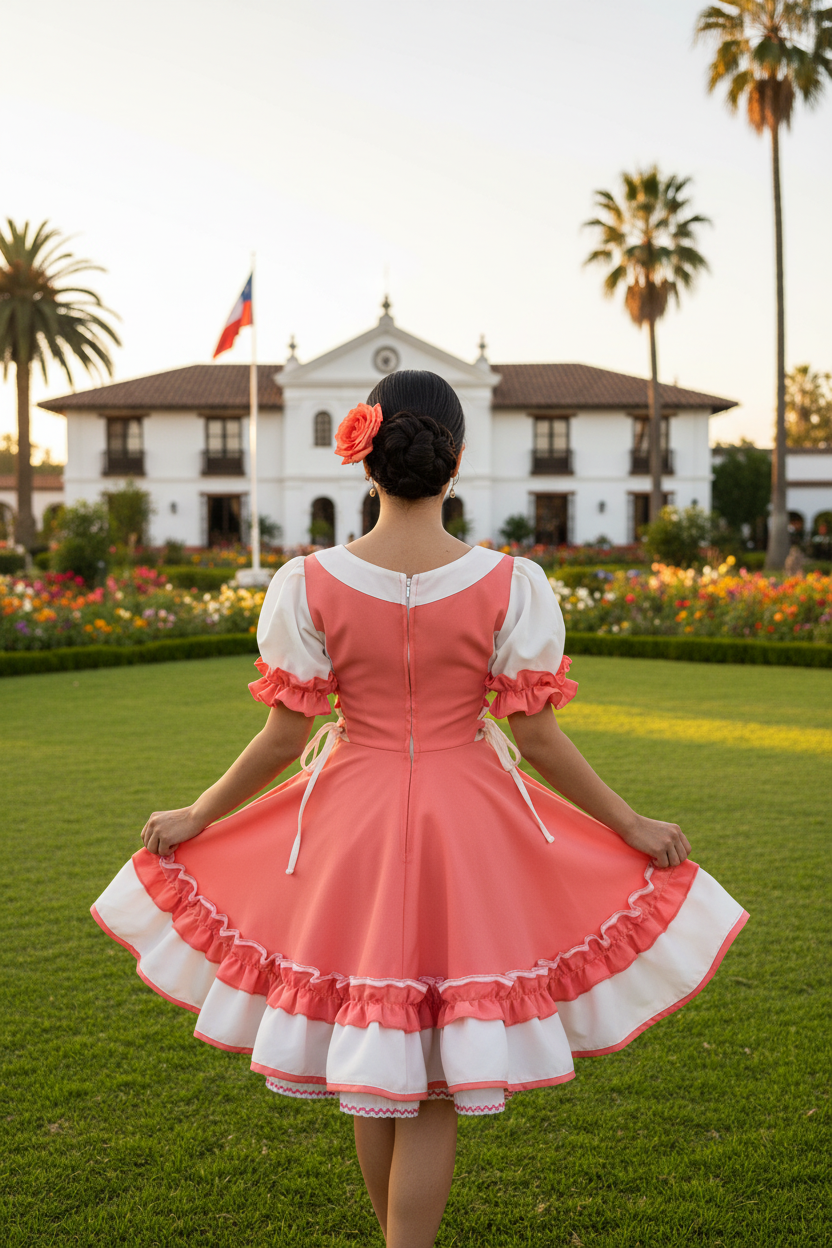 Vestido huasa coral estrictamente de espaldas