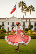 Vestido huasa coral ruedo blanco