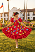 Vestido huasa rojo mangas y ruedo lisos