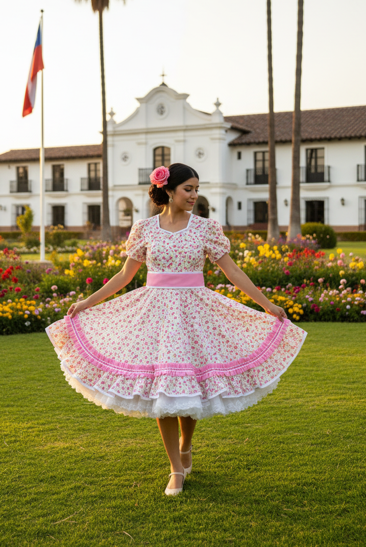 Vestido huasa rosado réplica exacta