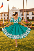 Vestido turquesa con flor blanca, manteniendo el fondo y la pose originales