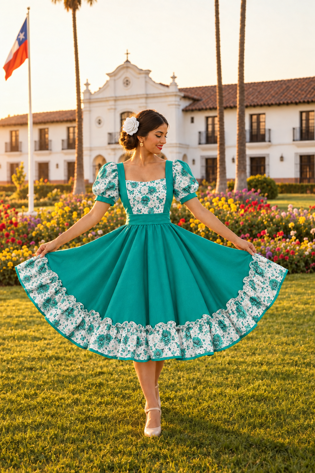Vestido turquesa con flor blanca, manteniendo el fondo y la pose originales