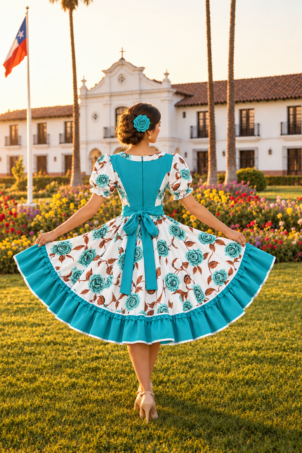 Vista de espaldas del vestido turquesa y blanco