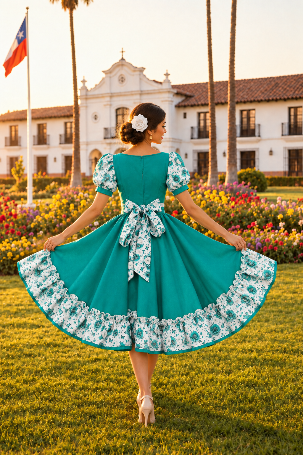 Vista posterior del vestido turquesa con cierre, lazo y ruedo floral