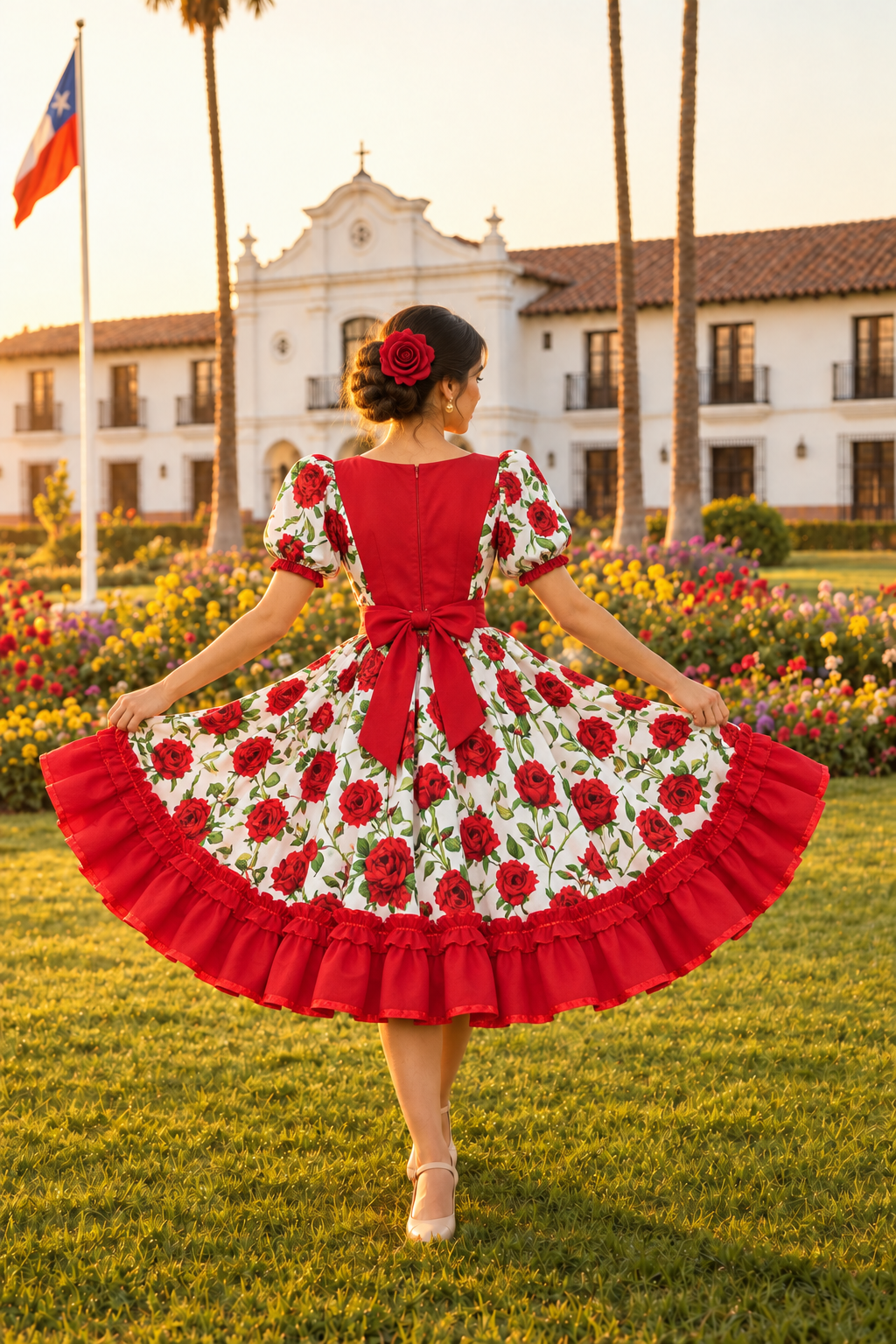 Vista trasera de la modelo con el vestido rojo de rosas