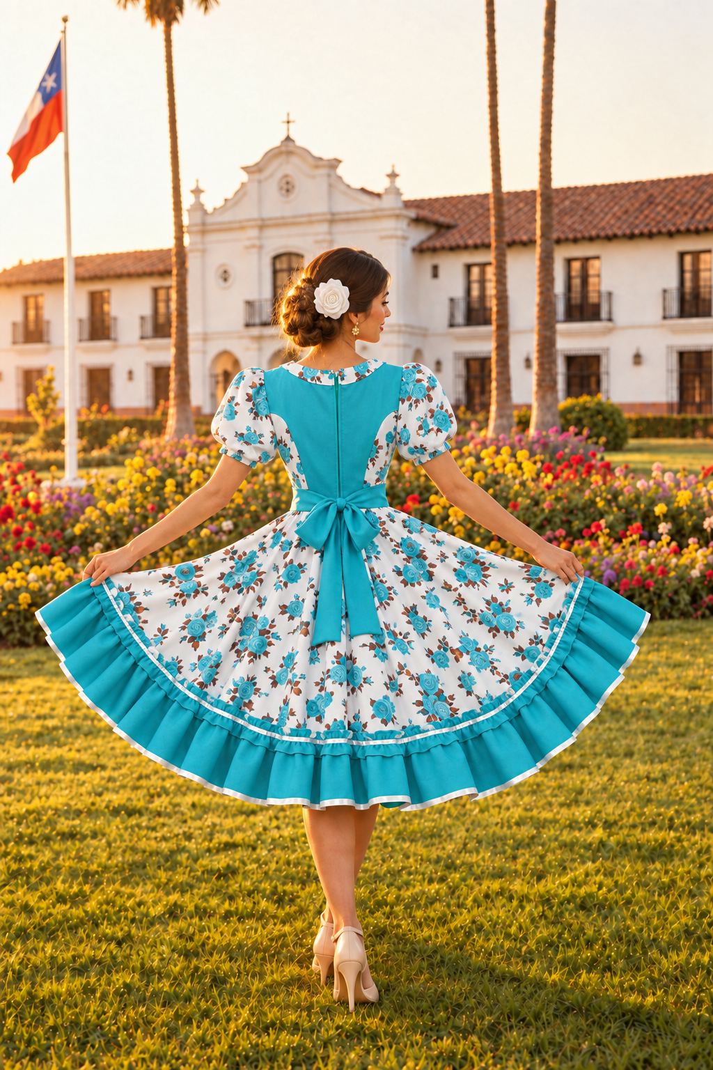 Vista trasera de la modelo con el vestido turquesa y blanco