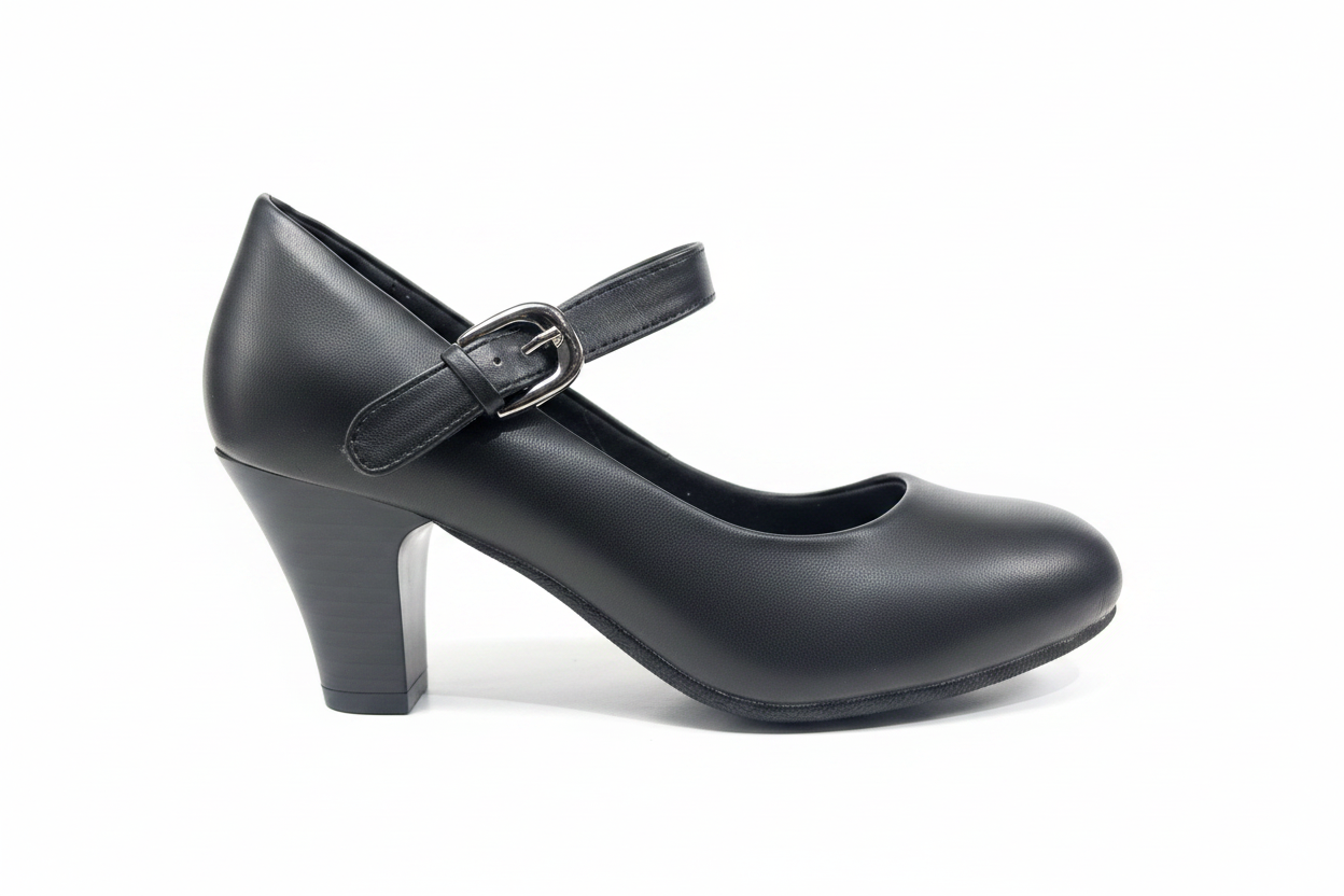 Zapato negro con hebilla fondo blanco