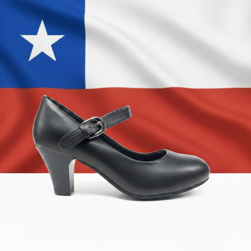 Zapato negro huasa con bandera chilena