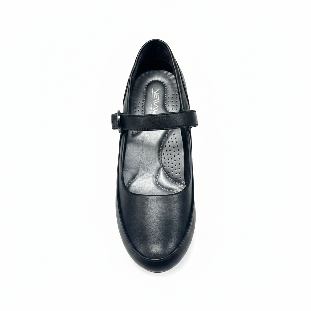 Zapato negro Mary Jane vista superior fondo blanco